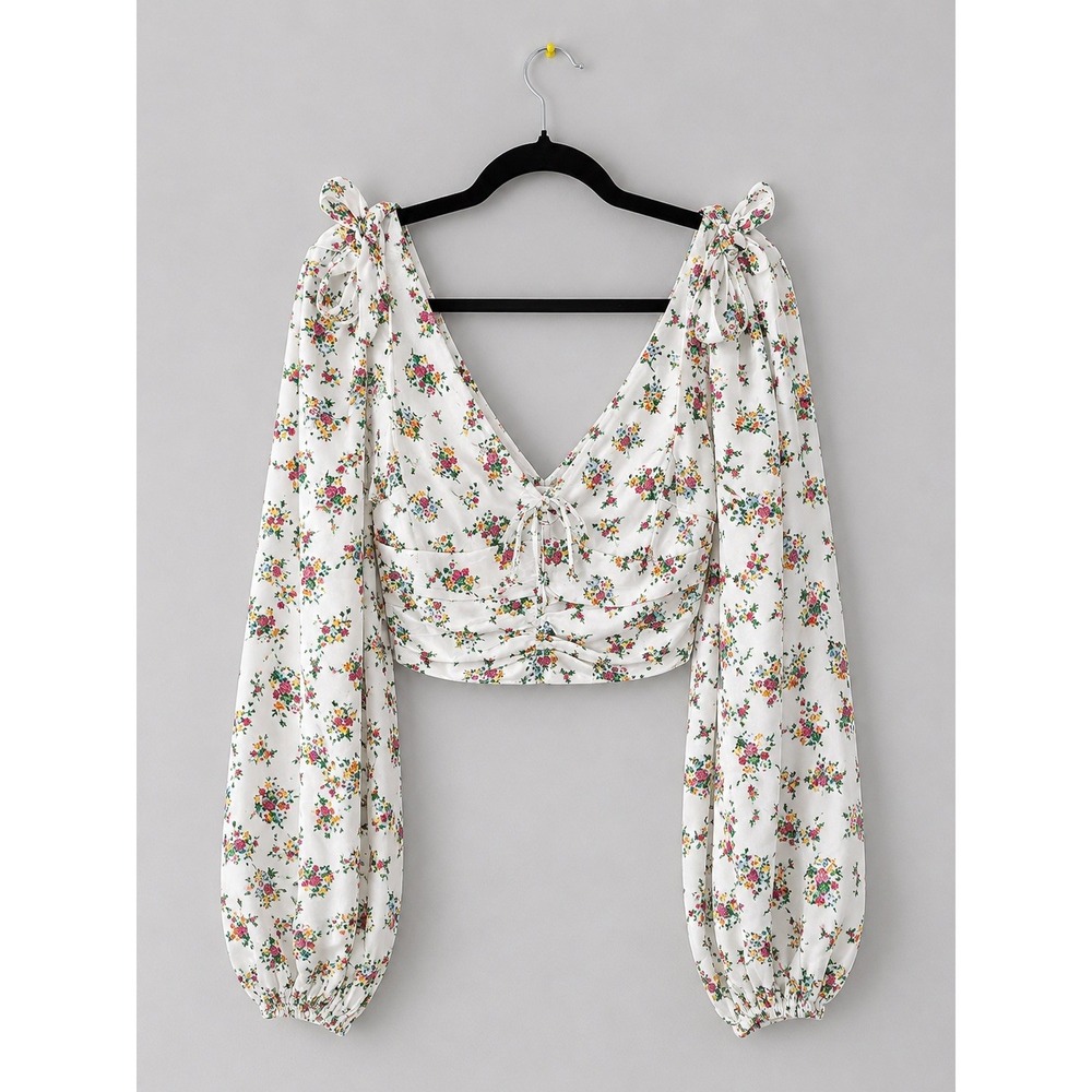 For Love & Lemons Floral Puff Sleeve Crop Top VNeck Smocked Cottagecore White XS